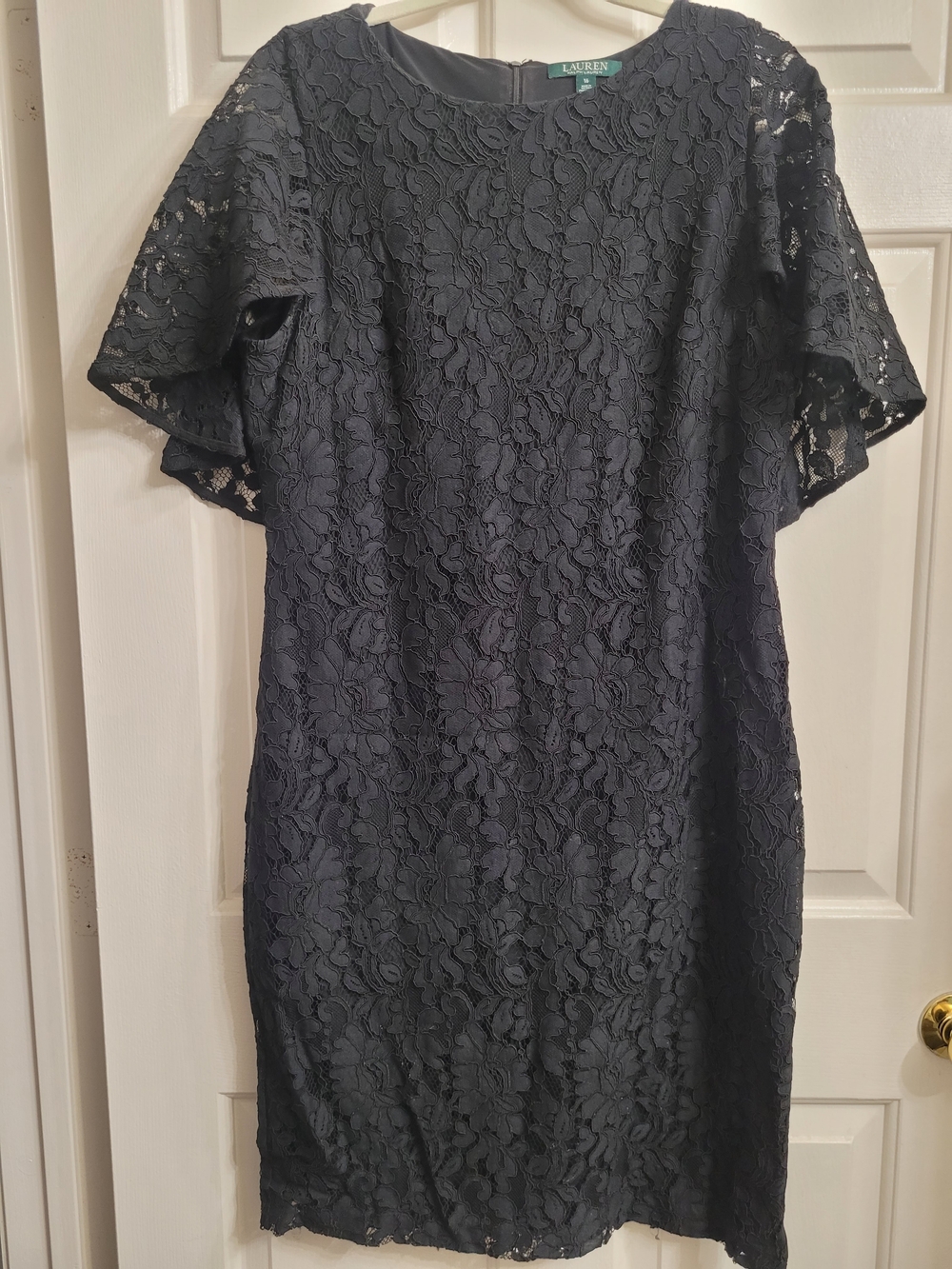 Lauren Ralph Lauren Black Floral Lace Flutter Sleeve Sheath Dress Size 16